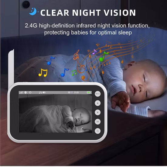 Video Baby Monitor with Long Range Auto Night Vision 5 Screen with 2 Way Audio Talk Temperature Sensor Power Saving Mode and Lullabies