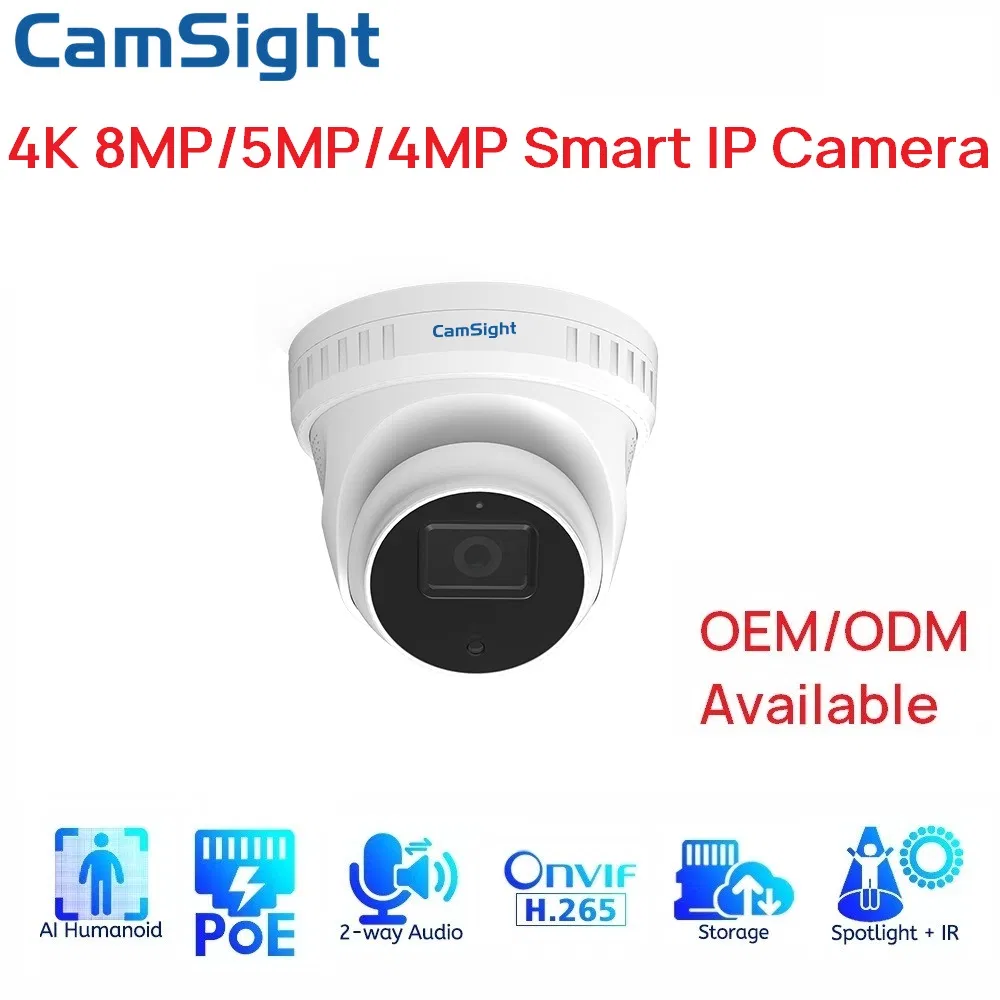 Camsight 4K 8MP 5MP 4MP 2MP Colorvu Full Color IP Camera with Smart Human Detection Turret Dome IP Camera Poe CCTV Network Security IP Camera OEM Supplier